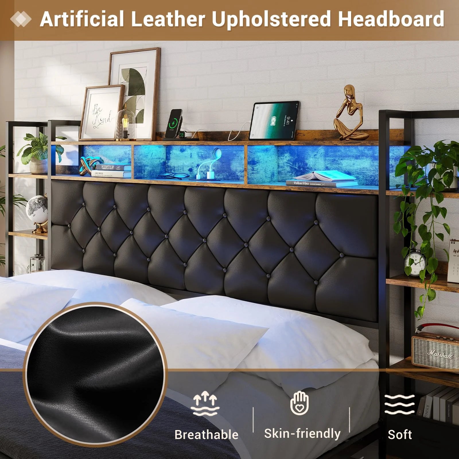 Afuhokles Queen LED Bed Frame with Bookcase Storage Headboard and Charging Station, Platform Bed Frame with Bookshelf and Tall Headboard, No Box Spring Needed, Black