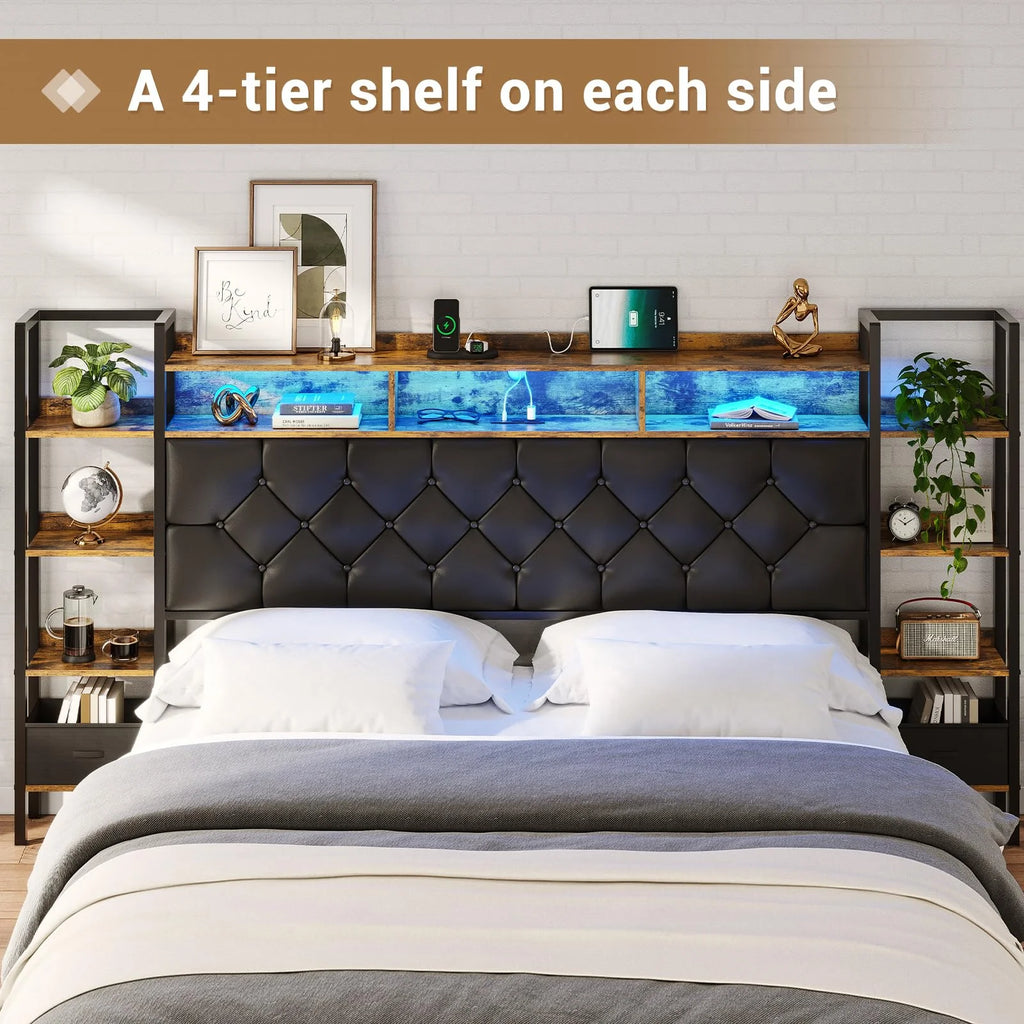 Afuhokles Queen LED Bed Frame with Bookcase Storage Headboard and Charging Station, Platform Bed Frame with Bookshelf and Tall Headboard, No Box Spring Needed, Black