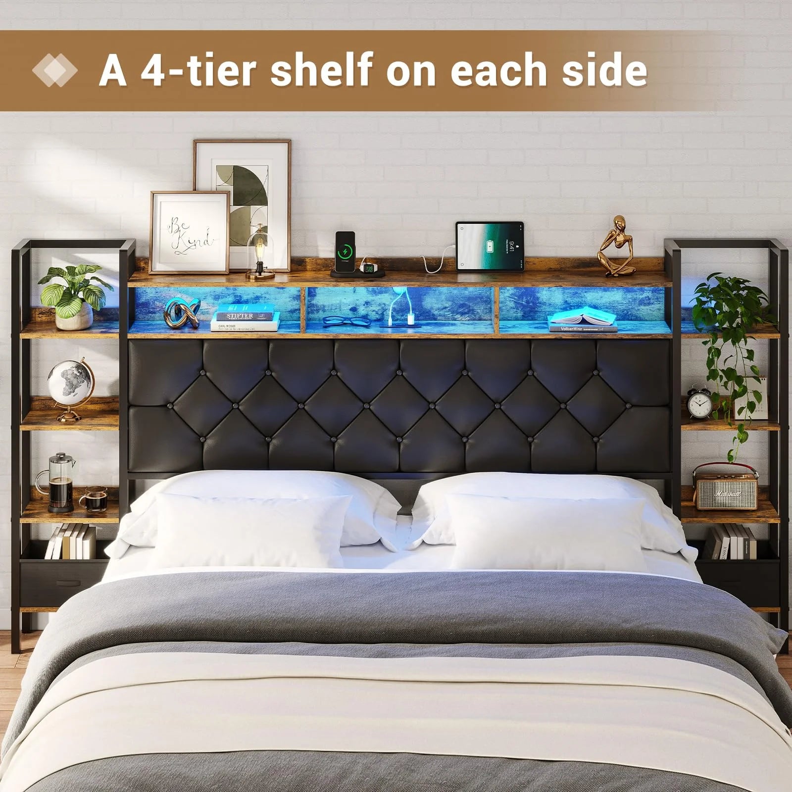 Afuhokles Queen LED Bed Frame with Bookcase Storage Headboard and Charging Station, Platform Bed Frame with Bookshelf and Tall Headboard, No Box Spring Needed, Black