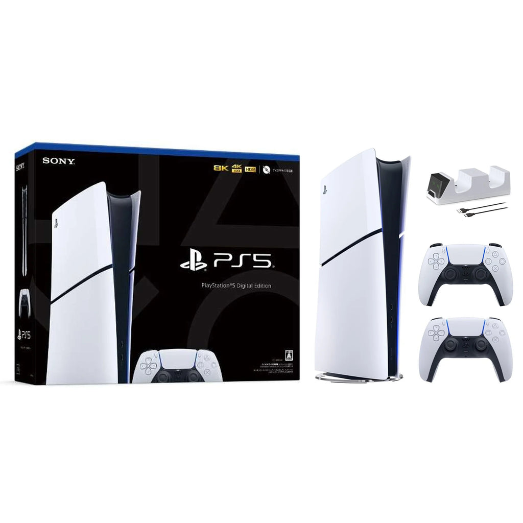 2023 New PlayStation 5 Slim Digital Edition Bundle with Two DualSense Controllers and Mytrix Controller Charger - White, Slim PS5 1TB PCIe SSD Gaming Console