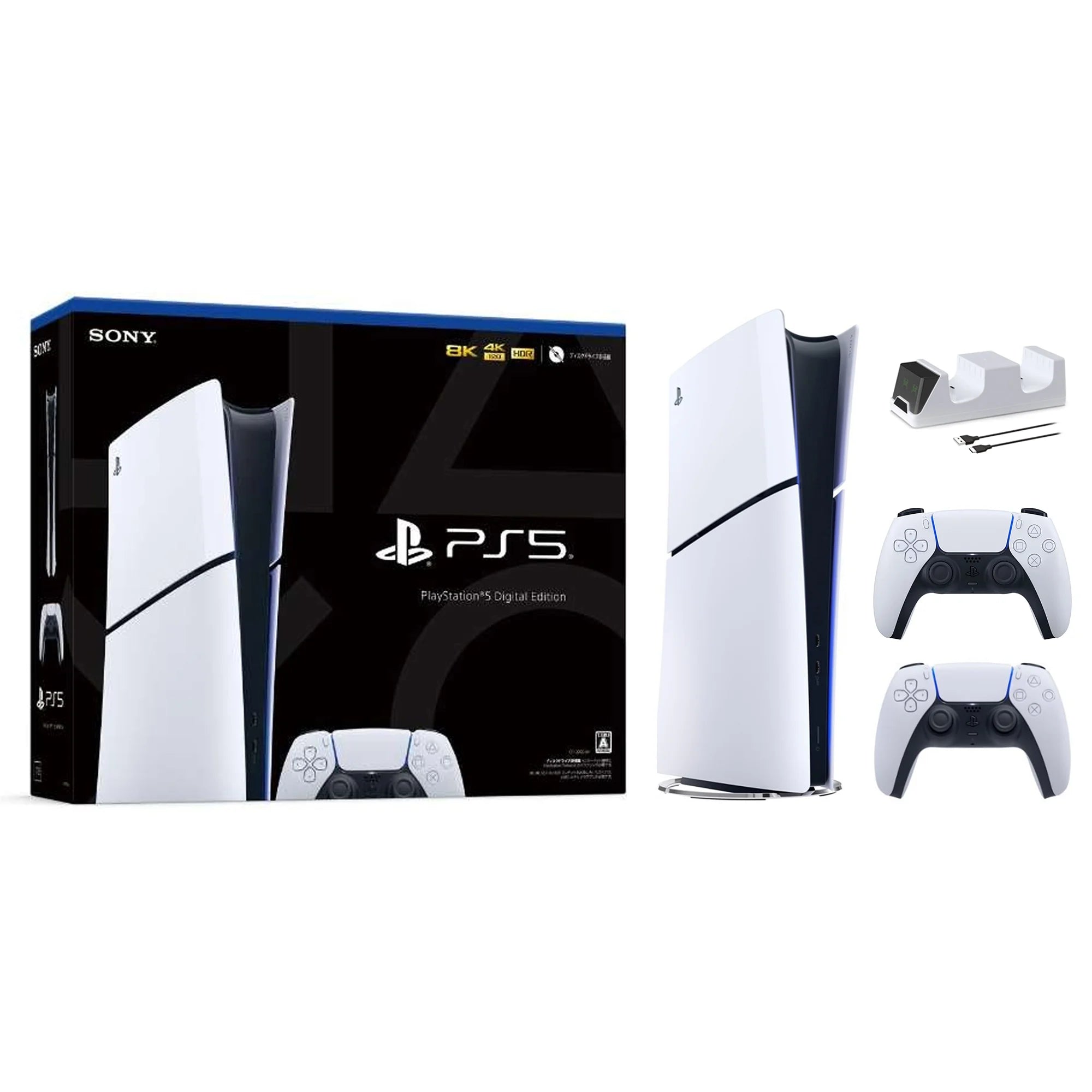 2023 New PlayStation 5 Slim Digital Edition Bundle with Two DualSense Controllers and Mytrix Controller Charger - White, Slim PS5 1TB PCIe SSD Gaming Console