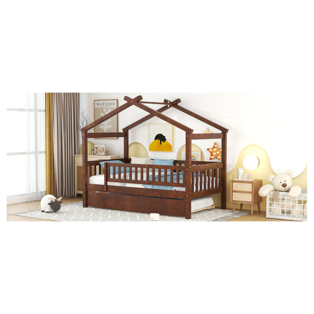 "Twin-Size Wooden House-Shaped Bed with Matching Twin-Size Trundle in Elegant Walnut Finish"