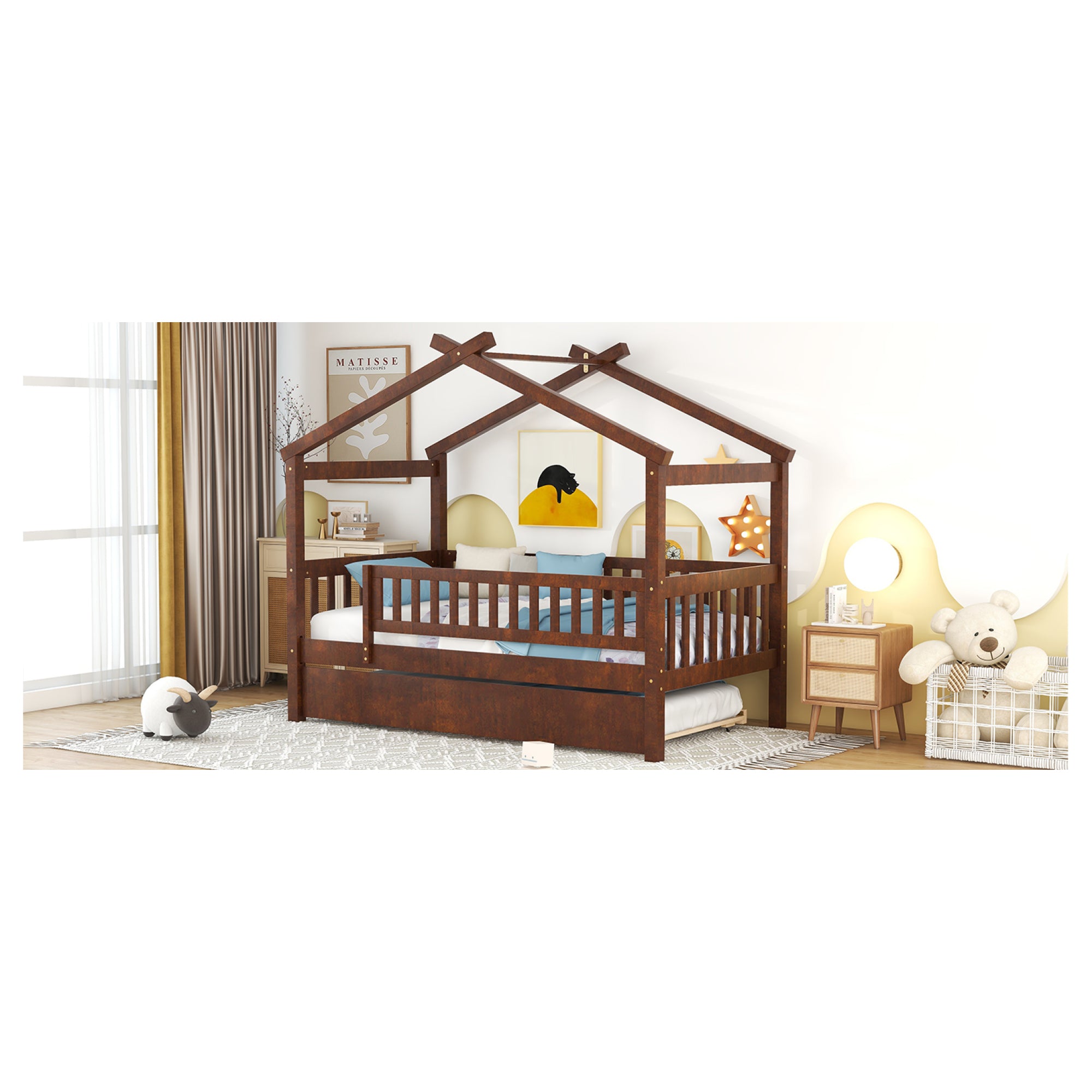"Twin-Size Wooden House-Shaped Bed with Matching Twin-Size Trundle in Elegant Walnut Finish"