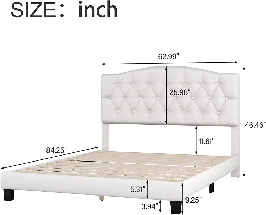 AngLink Linen Curved Upholstered Full Size Platform Bed with Diamond Tufted/Wood Bed Frame/Wood Slats, No Box Spring Needed -Beige, Full