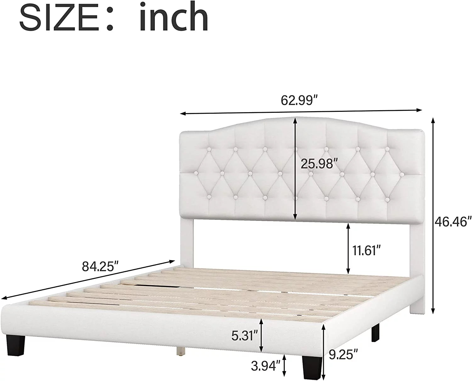 AngLink Linen Curved Upholstered Full Size Platform Bed with Diamond Tufted/Wood Bed Frame/Wood Slats, No Box Spring Needed -Beige, Full