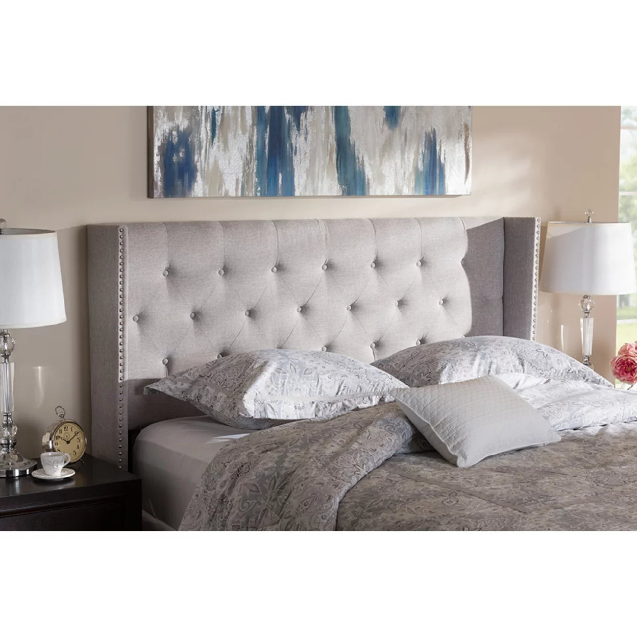 Baxton Studio Ally Modern And Contemporary Grayish Beige Fabric Button-Tufted Nail head King Size Winged Headboard