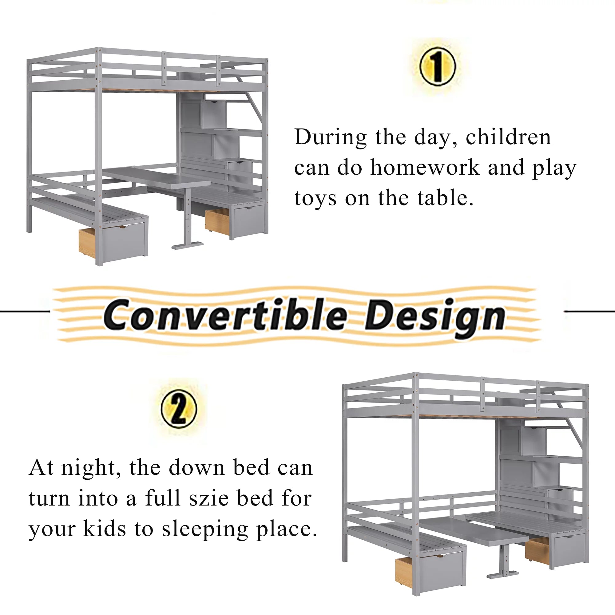 Bellemave Full Over Full Bunk Beds with Stairs, Loft Bed with Desk and Seat Can be Turned Into Bunk Bed, Wood Convertible Bunk Bed with 2 Storage Drawers for Kids Teen (Grey)