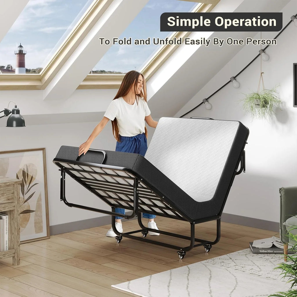 Afuhokles Folding Bed with Mattress, 75 x 38 Twin Size Portable Foldable Guest Bed with Wheels - 5'' Luxurious Memory Foam Mattress
