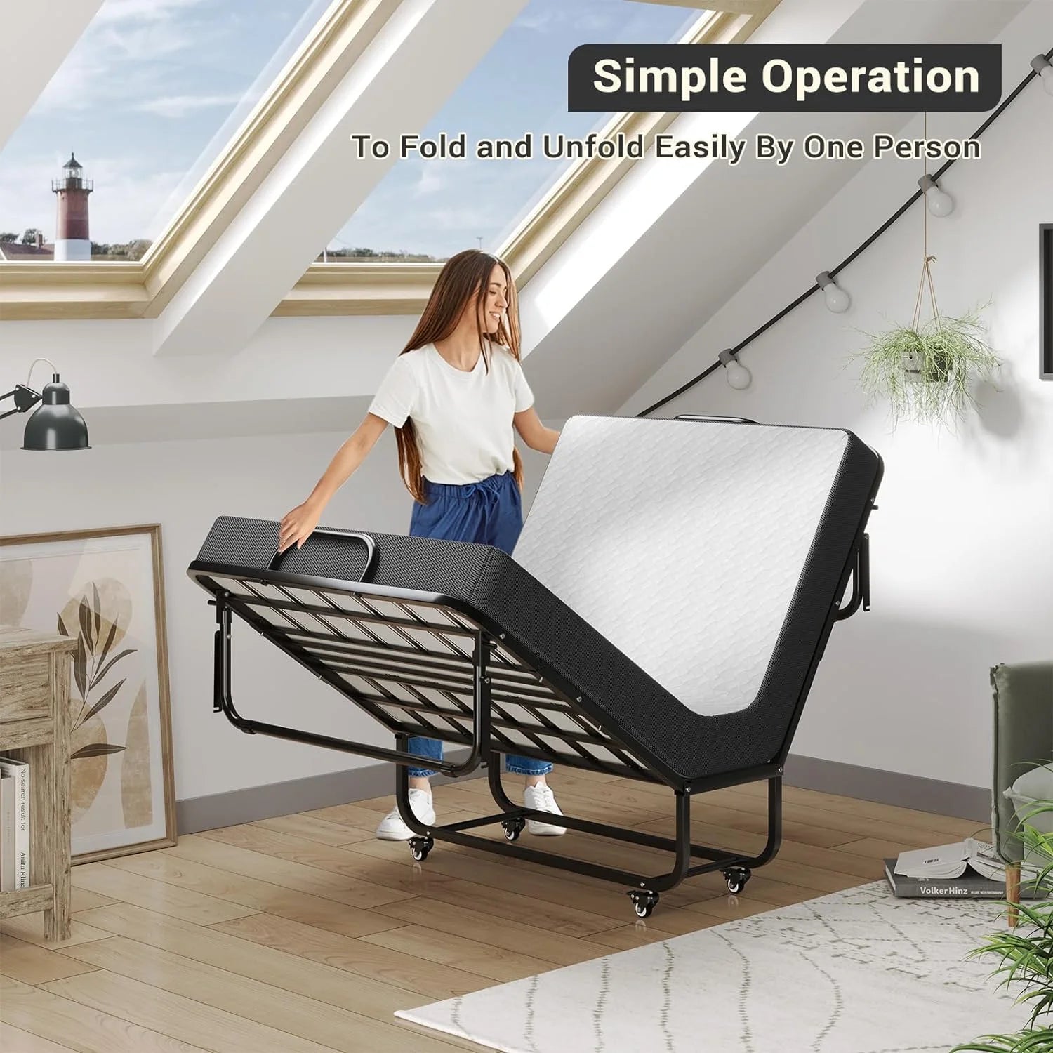 Afuhokles Folding Bed with Mattress, 75 x 38 Twin Size Portable Foldable Guest Bed with Wheels - 5'' Luxurious Memory Foam Mattress