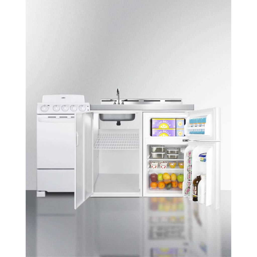 All-in-one combination kitchenette with refrigerator-freezer, sink, storage cabinet, and coil range