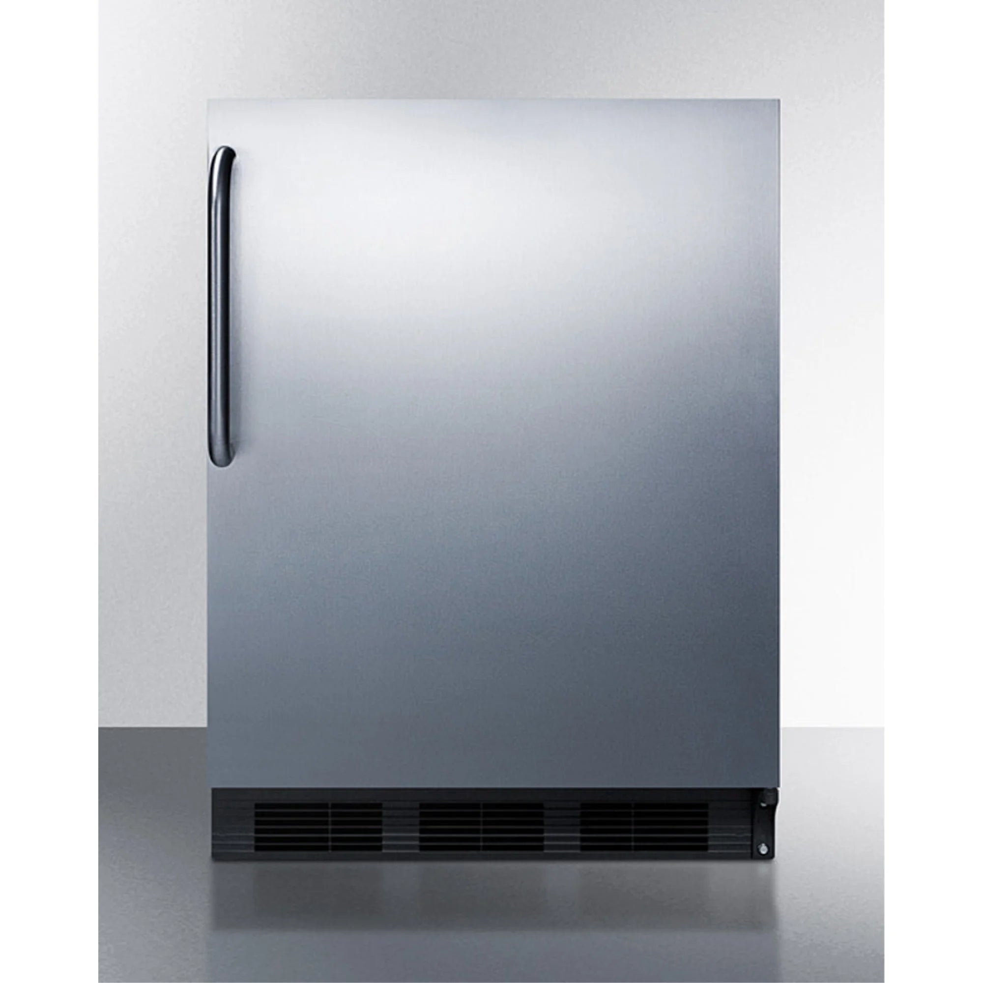 ADA compliant freestanding refrigerator-freezer for residential use, cycle defrost with deluxe interior, SS wrapped door, towel bar handle, and black cabinet