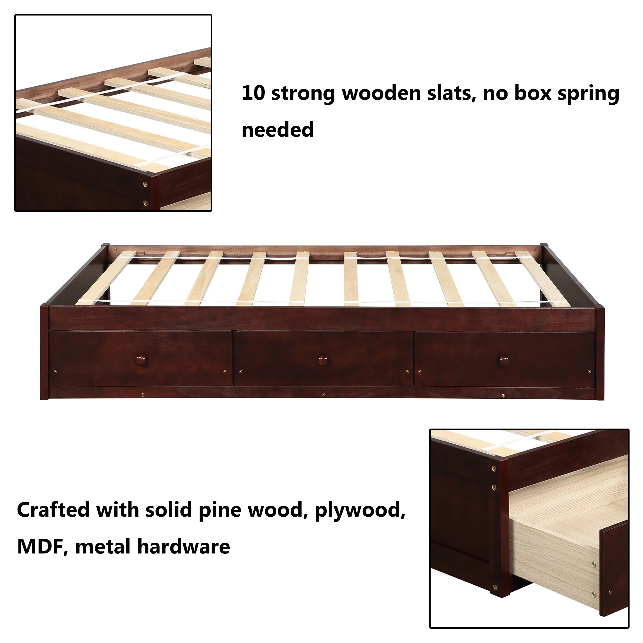 Bellemave Twin Size Platform Bed with Storage Drawers Twin Size Storage Bed with Wooden Slats Space Saving Wood Bed Frame for Kids Teens No Box Spring Needed, Cherry Brown