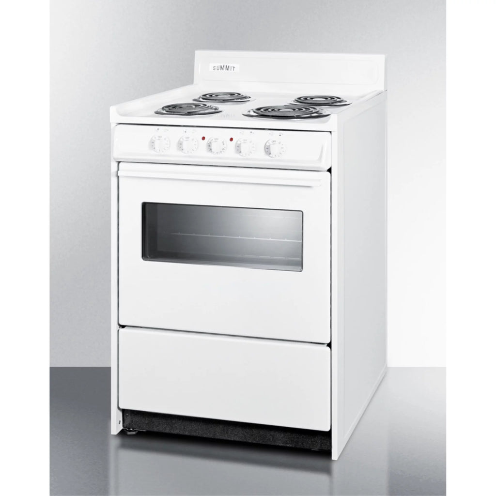 24" wide slide-in style electric coil top range in white with oven window