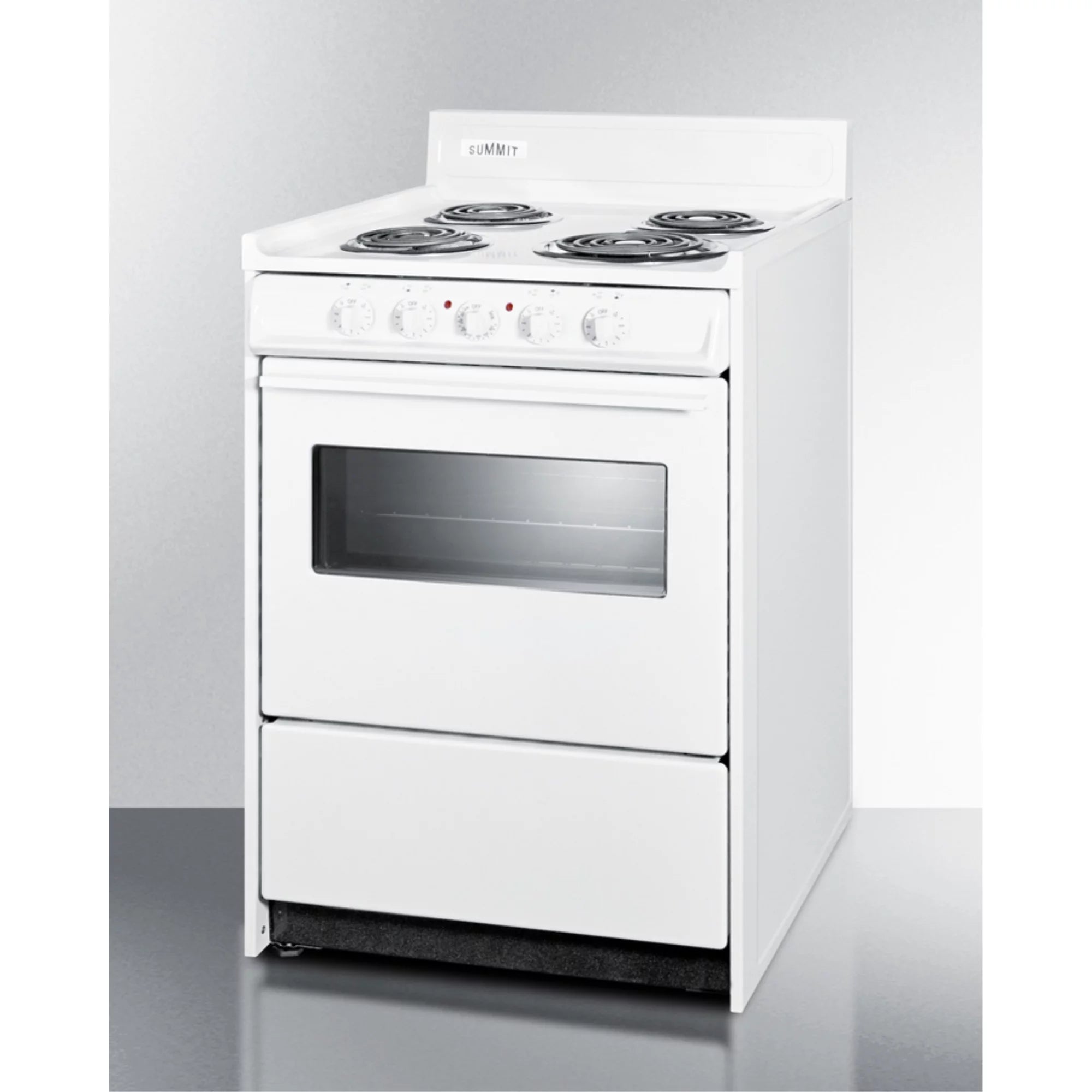 24" wide slide-in style electric coil top range in white with oven window