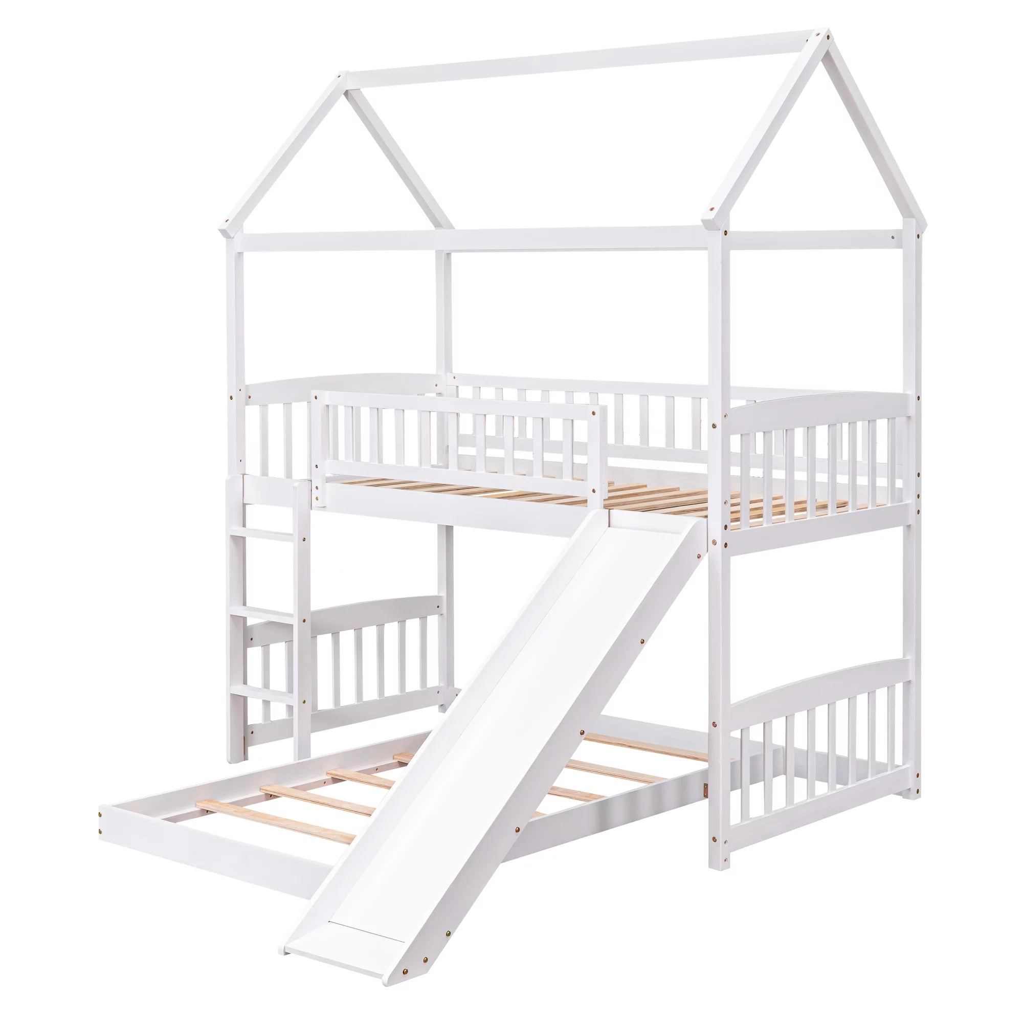 Aukfa Twin over Twin Bunk Bed with Slide, L-Shaped House Bunk Bed for Kids, Boys and Girls, Wooden - White