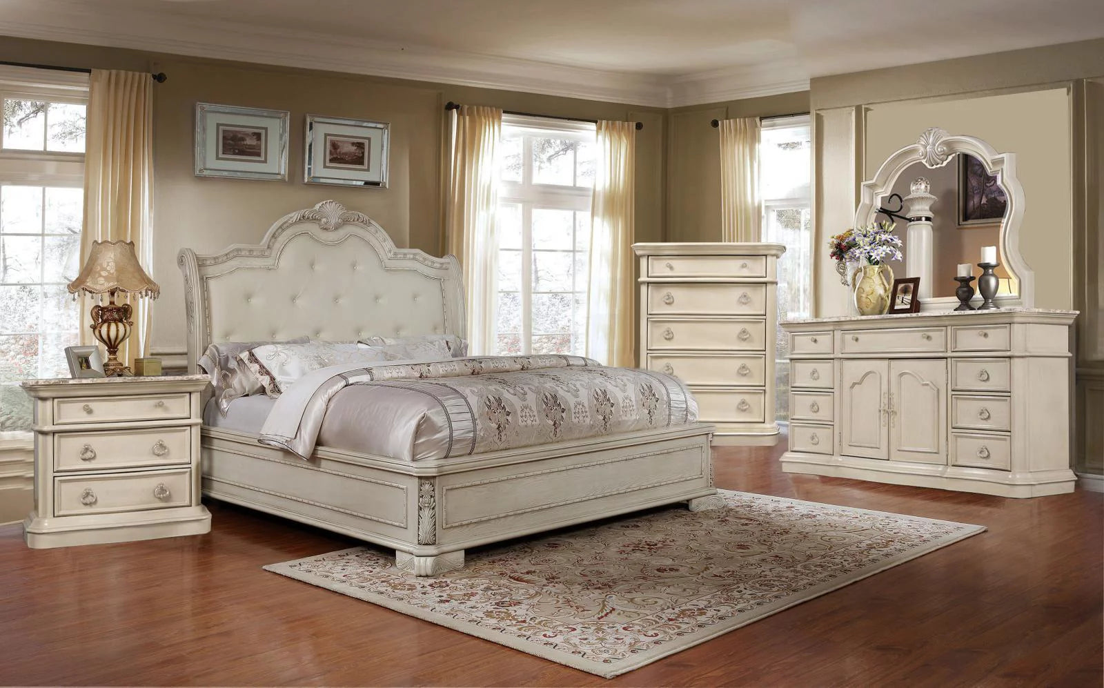 Antique White Wood Solids/Marble Queen Bedroom Set 4 McFerran B6007 Classic