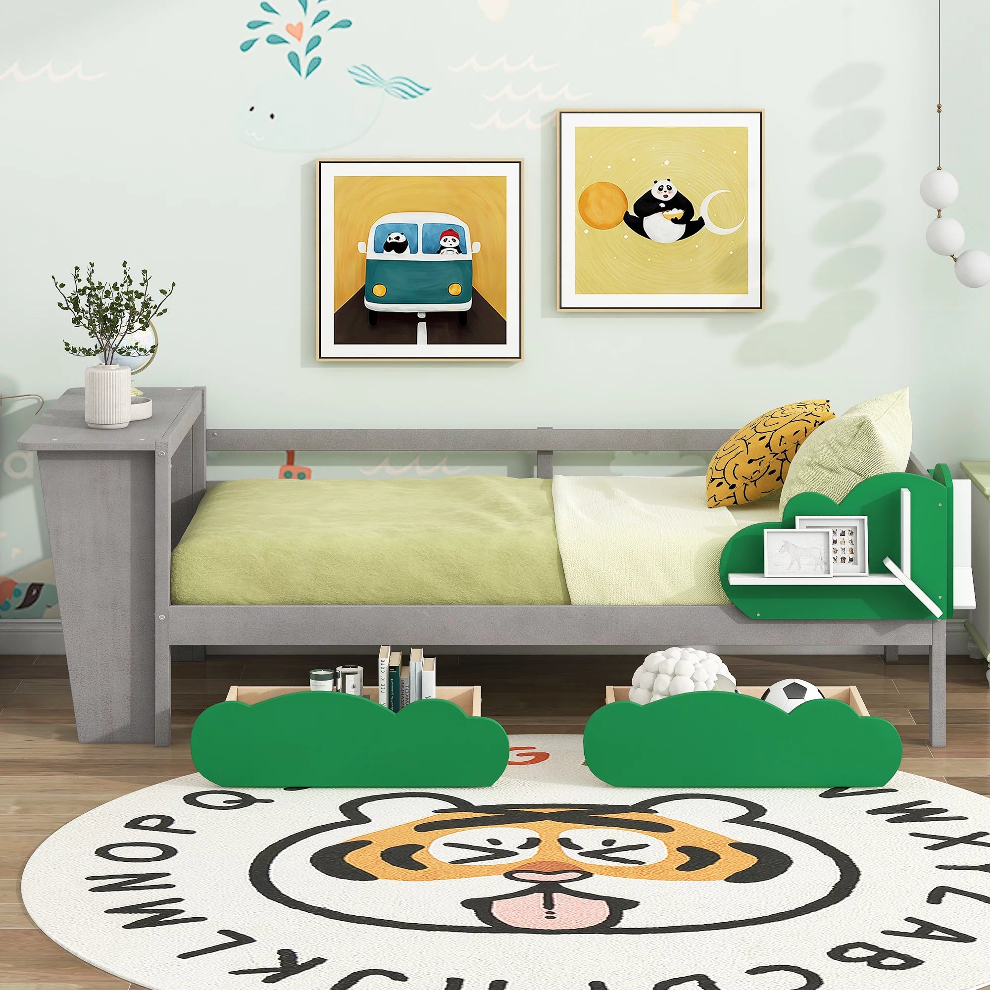 Bellemave Kids Twin Bed Frame with Desk, Tree Shaped Drawers and Shelves, Twin Size Daybed Frame for Boys & Girls, No Box Spring Needed (Gray)