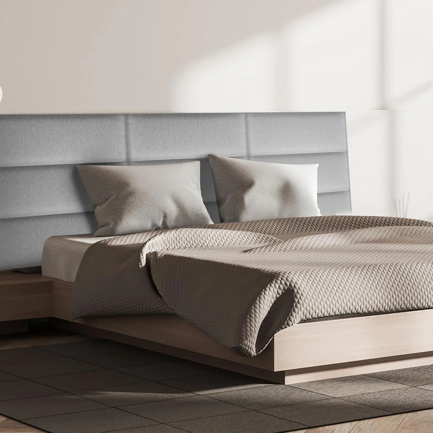 12 Pcs Panels Upholstered Wall Mounted Headboard, 3D Soundproof Wall Panels Peel and Stick Headboards for Queen Size Bed, Sized 10 x 24 Inches, Grey