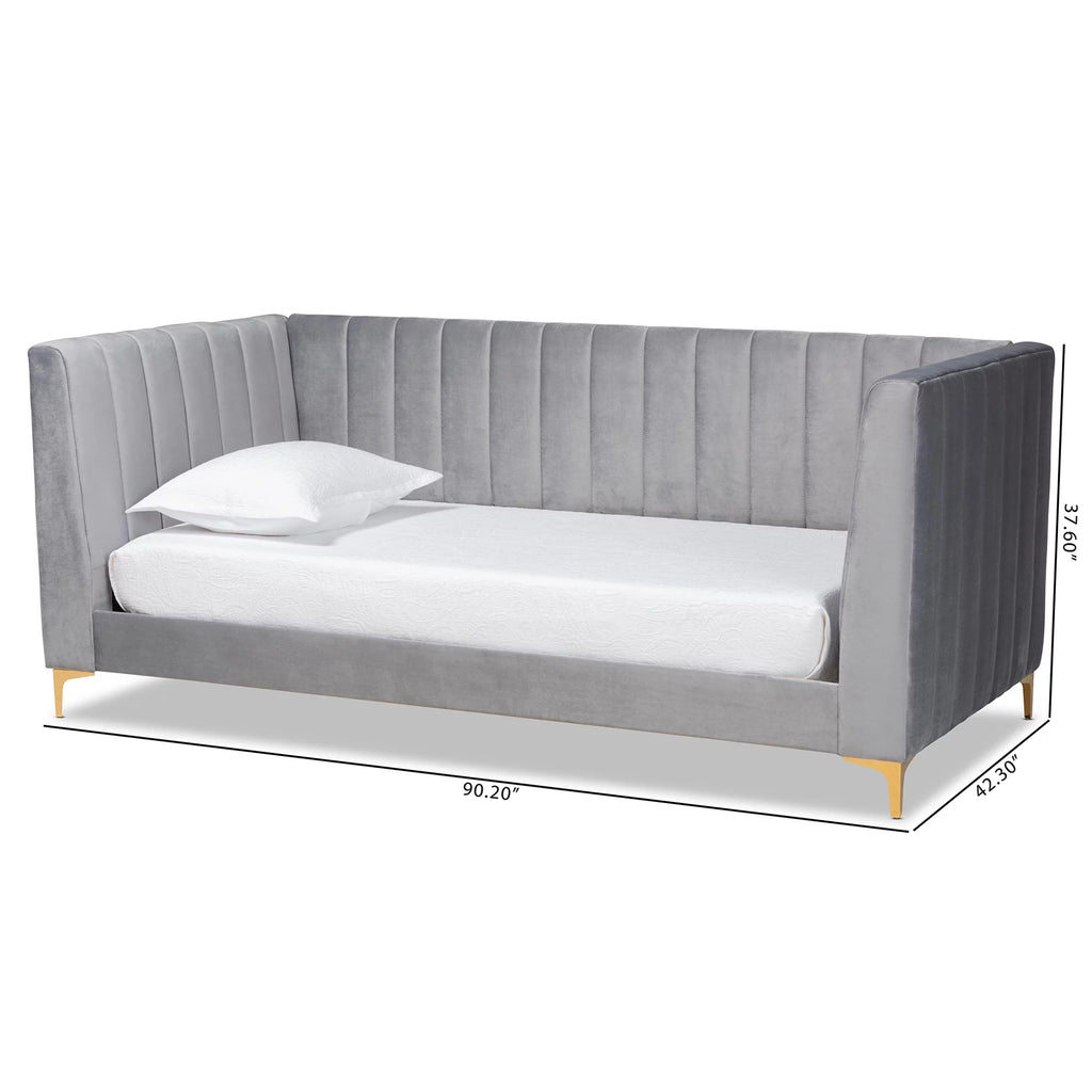 Baxton Studio Oksana Modern Contemporary Glam and Luxe Light Grey Velvet Fabric Upholstered and Gold Finished Twin Daybed