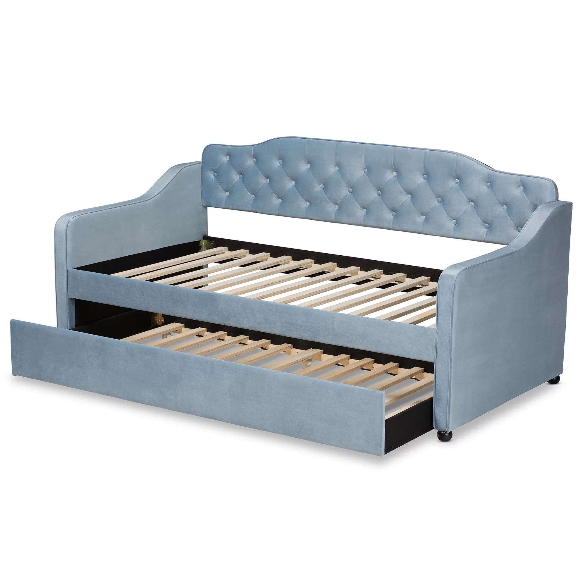 Baxton Studio Freda Transitional and Contemporary Light Blue Velvet Upholstered and Button Tufted Twin Size Daybed with Trundle