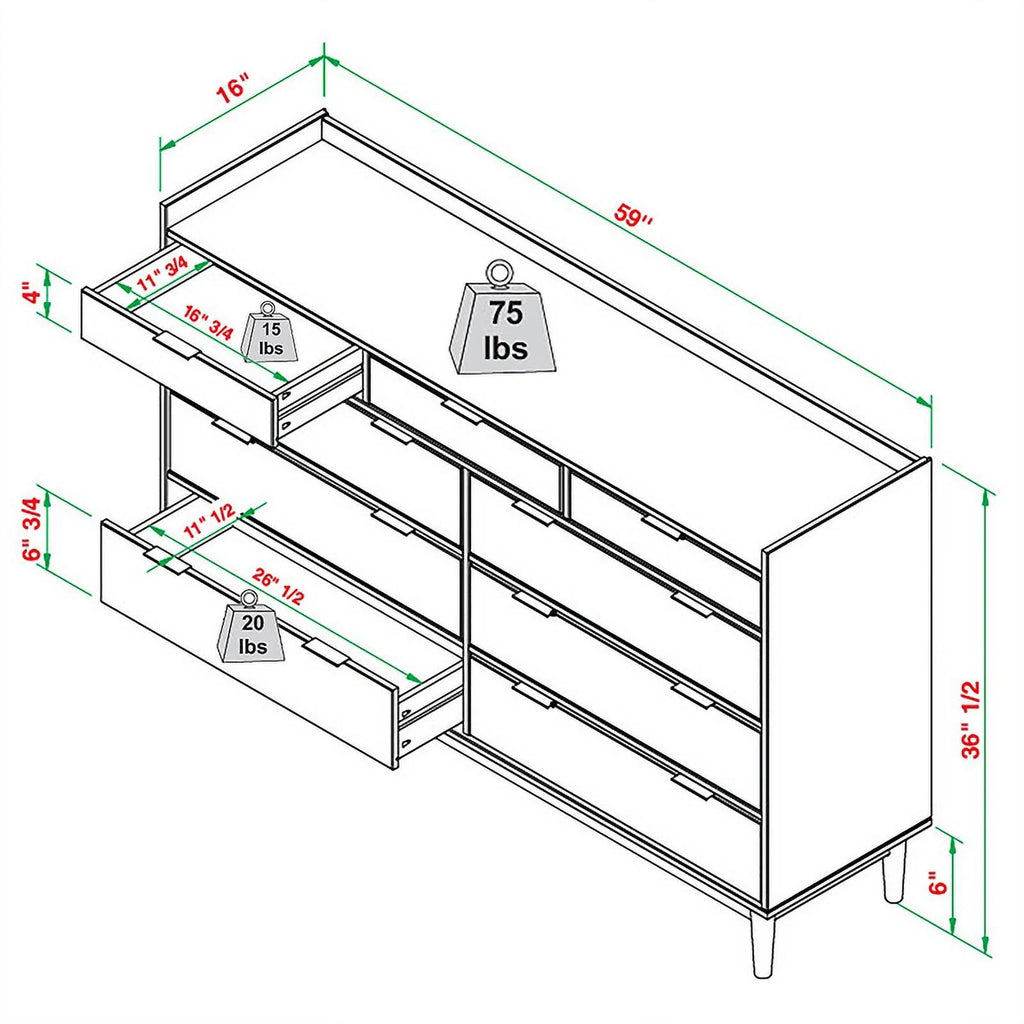 60" Lee 9 Drawer Solid Wood Dresser - Black