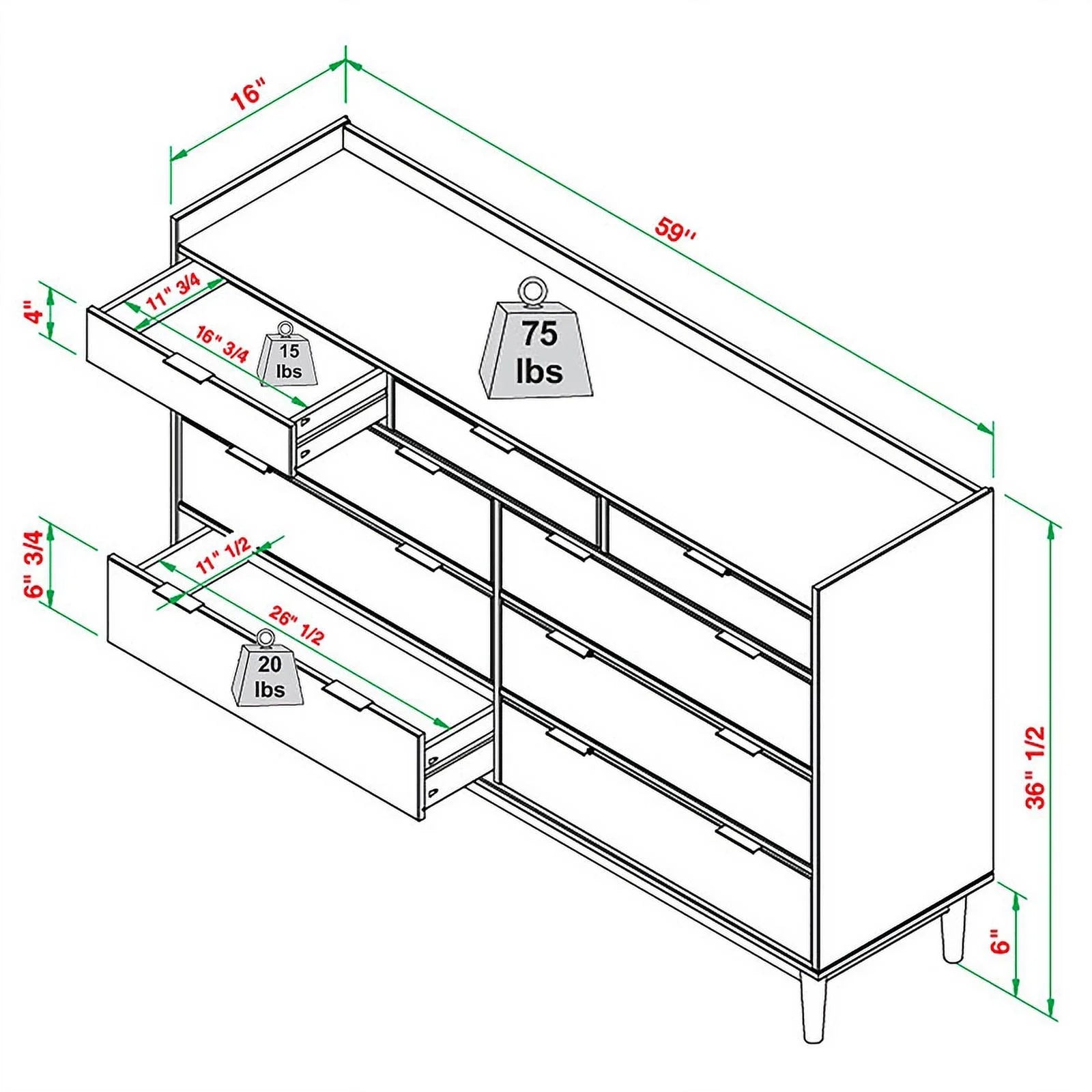 60" Lee 9 Drawer Solid Wood Dresser - Black