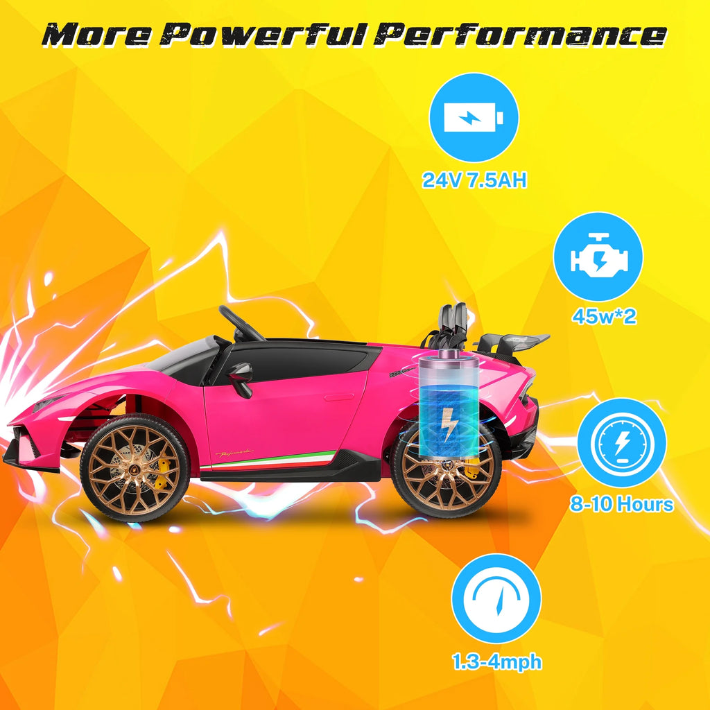 24V Ride on Cars 2 Seater for Kids, Lamborghini Huracan Battery Powered Ride on Toy Sports Car with Remote Control, Electric Car for Girls Boys 3-8 with Music/LED Lights/Bluetooth/4WD, Pink