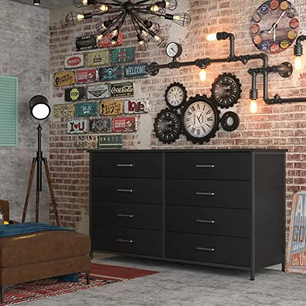 8 Drawer Dresser for Bedroom  Industrial Wood Dresser Wide 8 Chest of Drawers  Wooden  Organizer Dresser with Sturdy Steel Frame (Black)