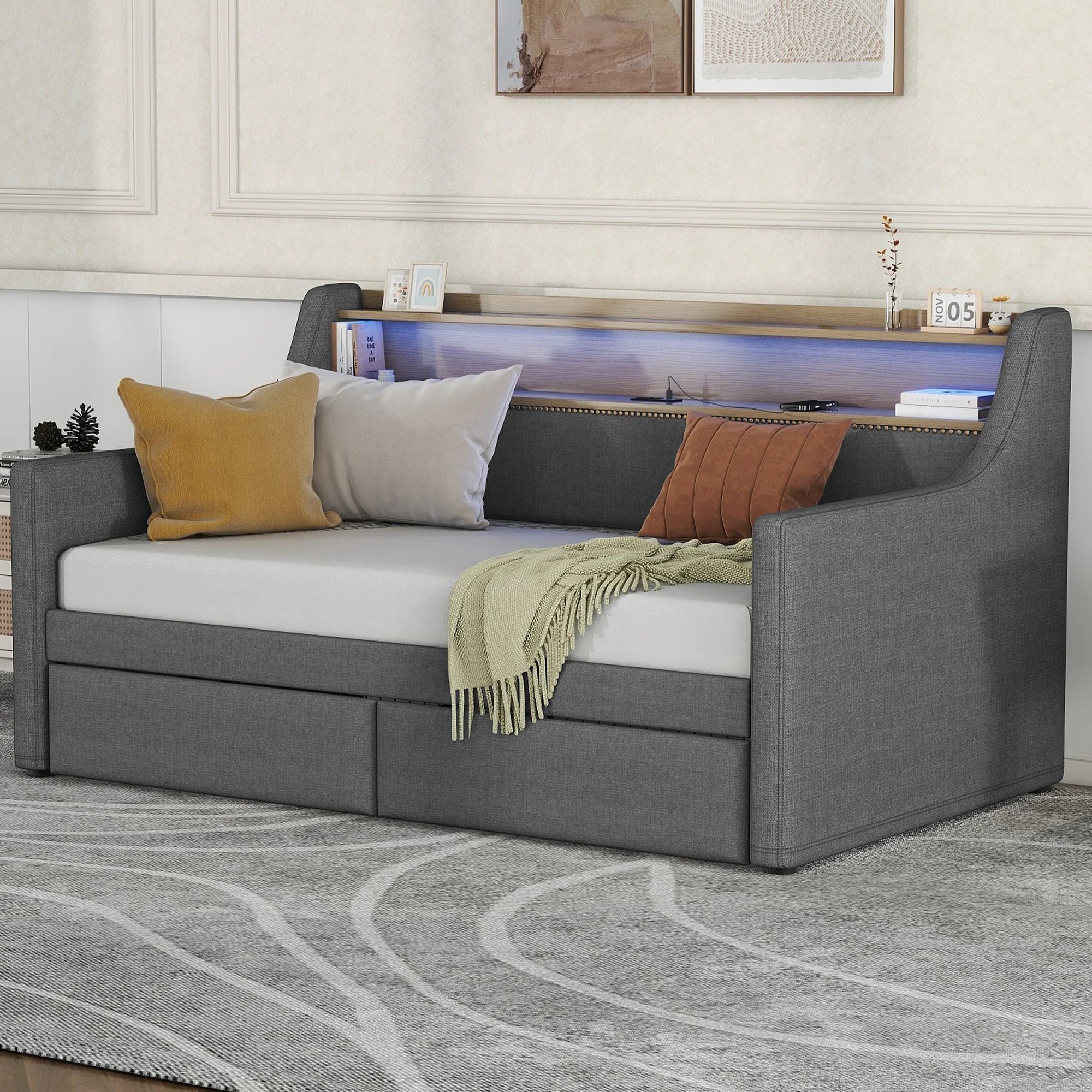 Belin Twin Size Daybed  with Charging Station and LED - Gray