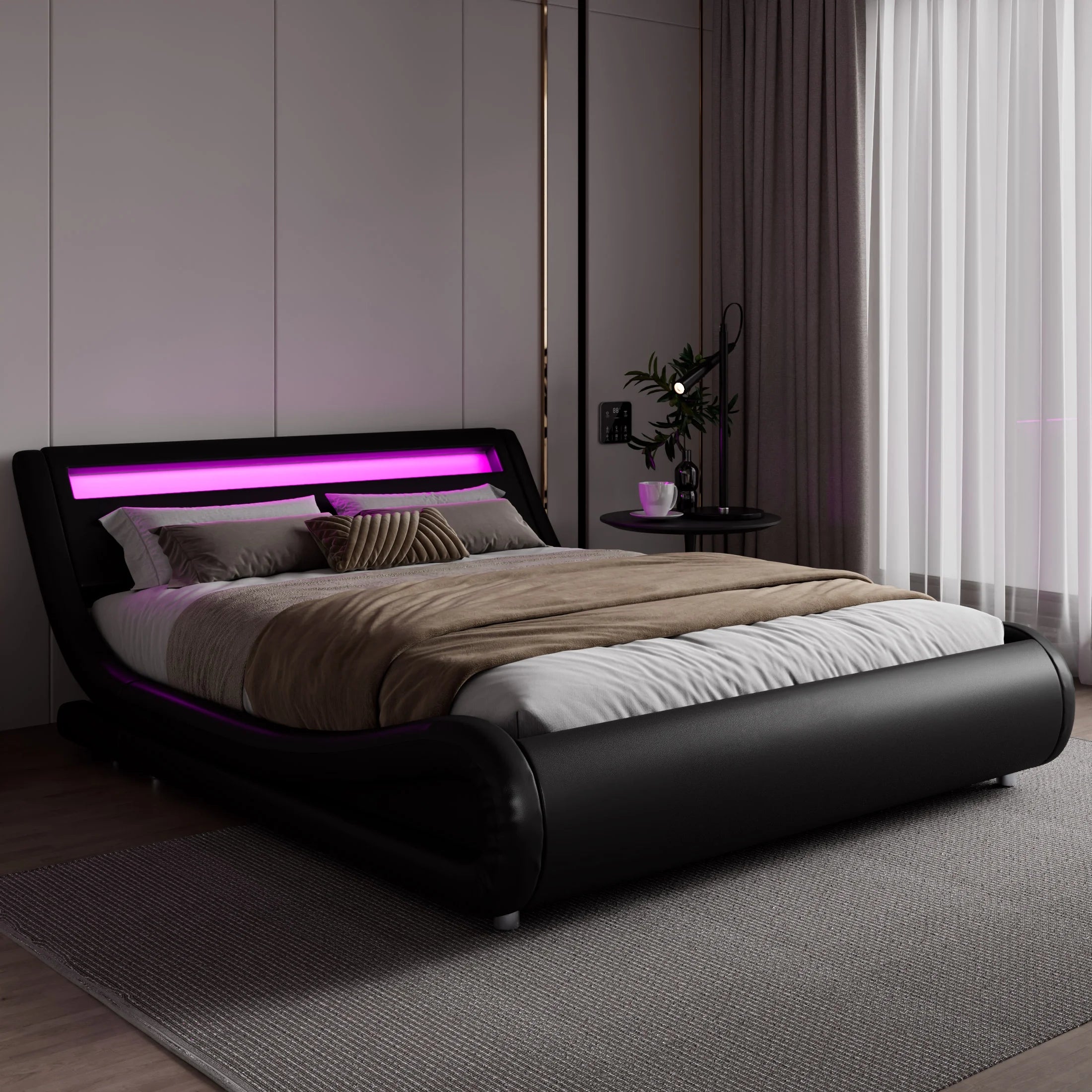 Amolife Queen Size Wave-Like Curve Deluxe Upholstered Modern Bed Frame with LED Headboard, Black