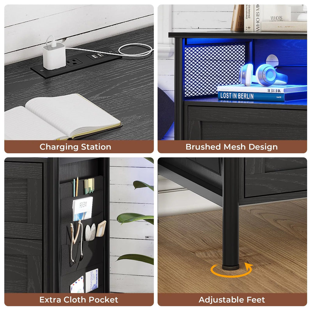 6 Drawer Dresser with Charging Station, Modern LED Wood Dresser with LED Lights and Cloth Pocket, Black