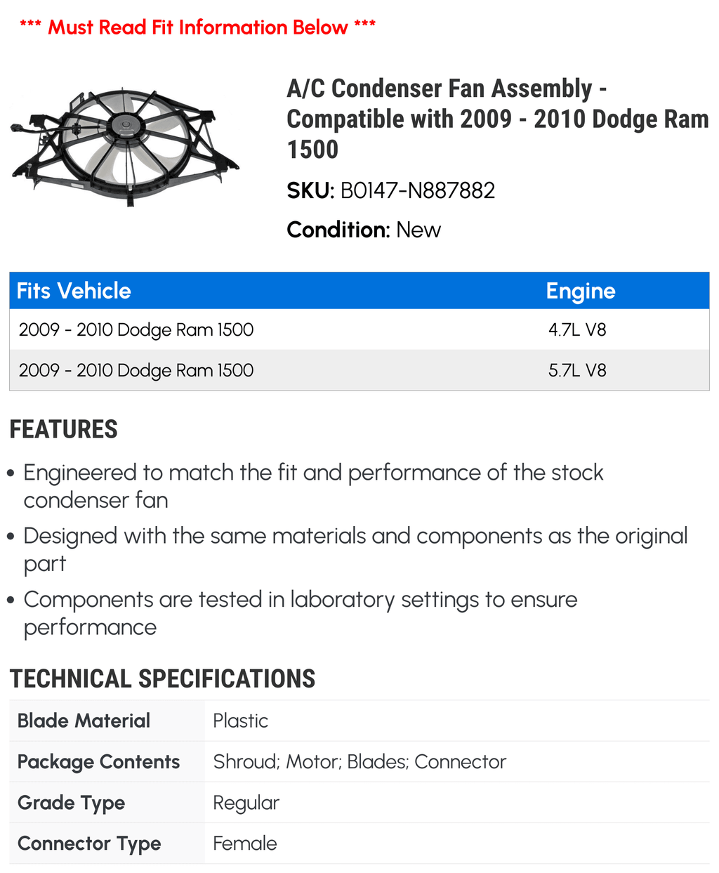 A/C Condenser Fan Assembly - Compatible with 2009 - 2010 Dodge Ram 1500