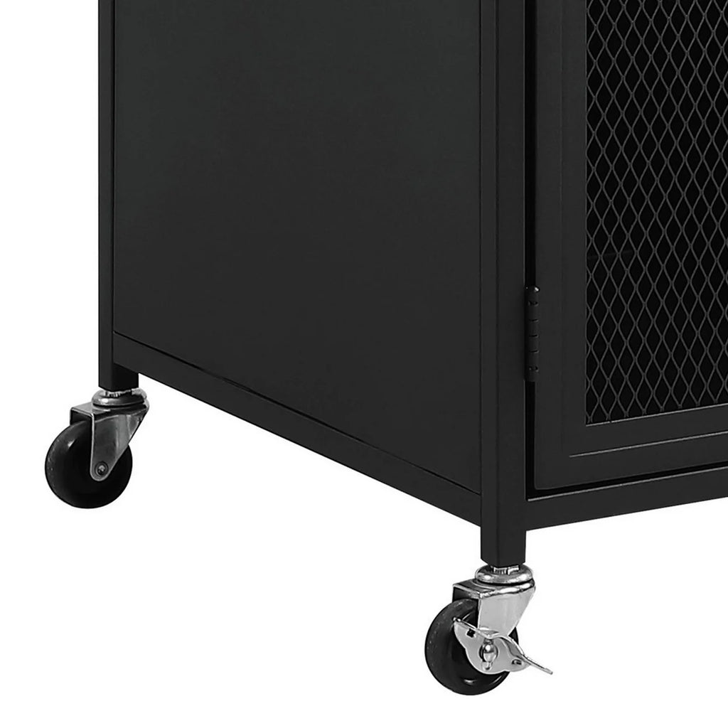 34 Inch Bar Cabinet On Wheels Wire Mesh Doors Wood Grain Details Black - Saltoro Sherpi