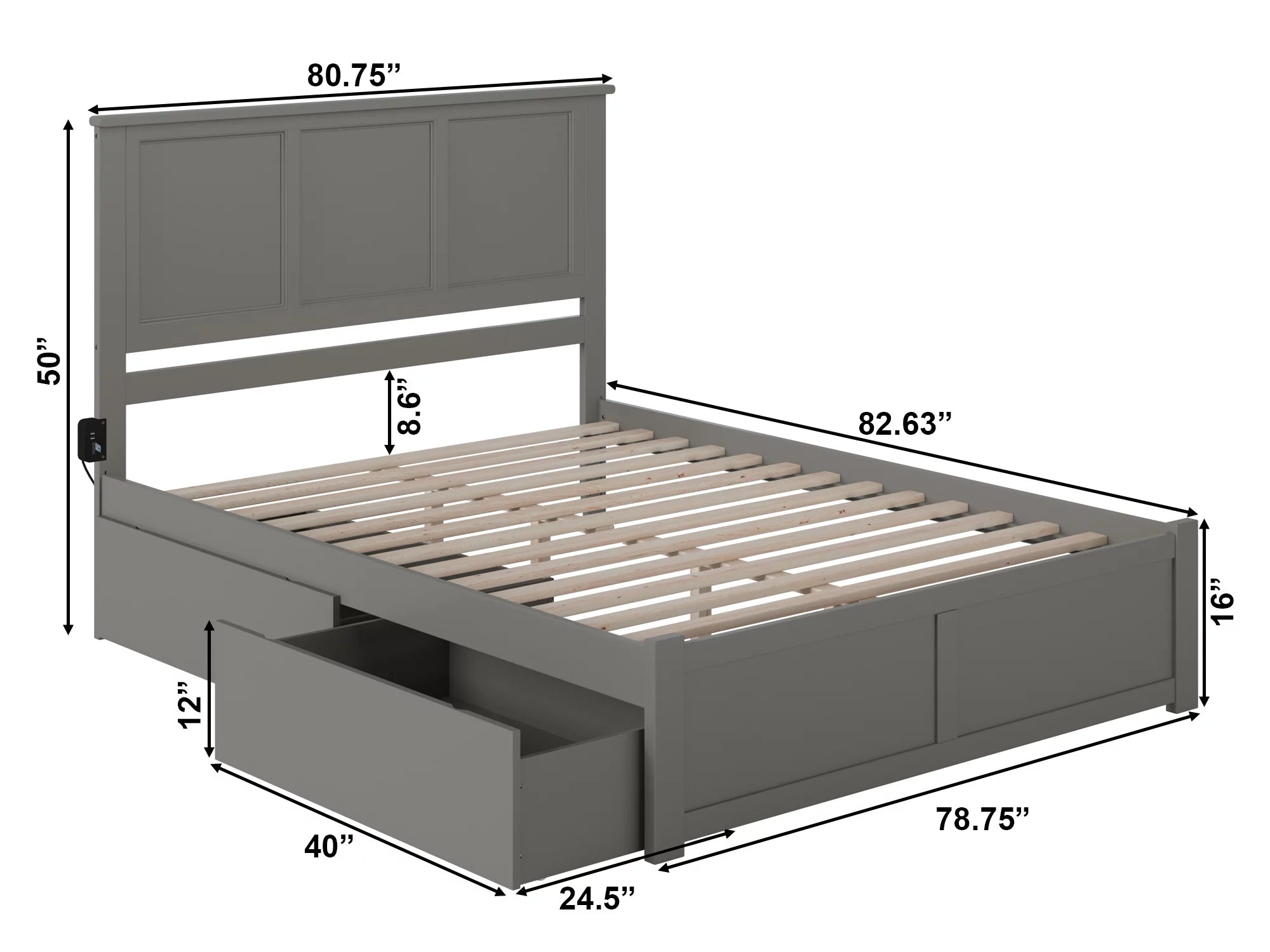 AFI Madison King Solid Wood Platform Bed with Footboard & 2 Storage Drawers in Grey