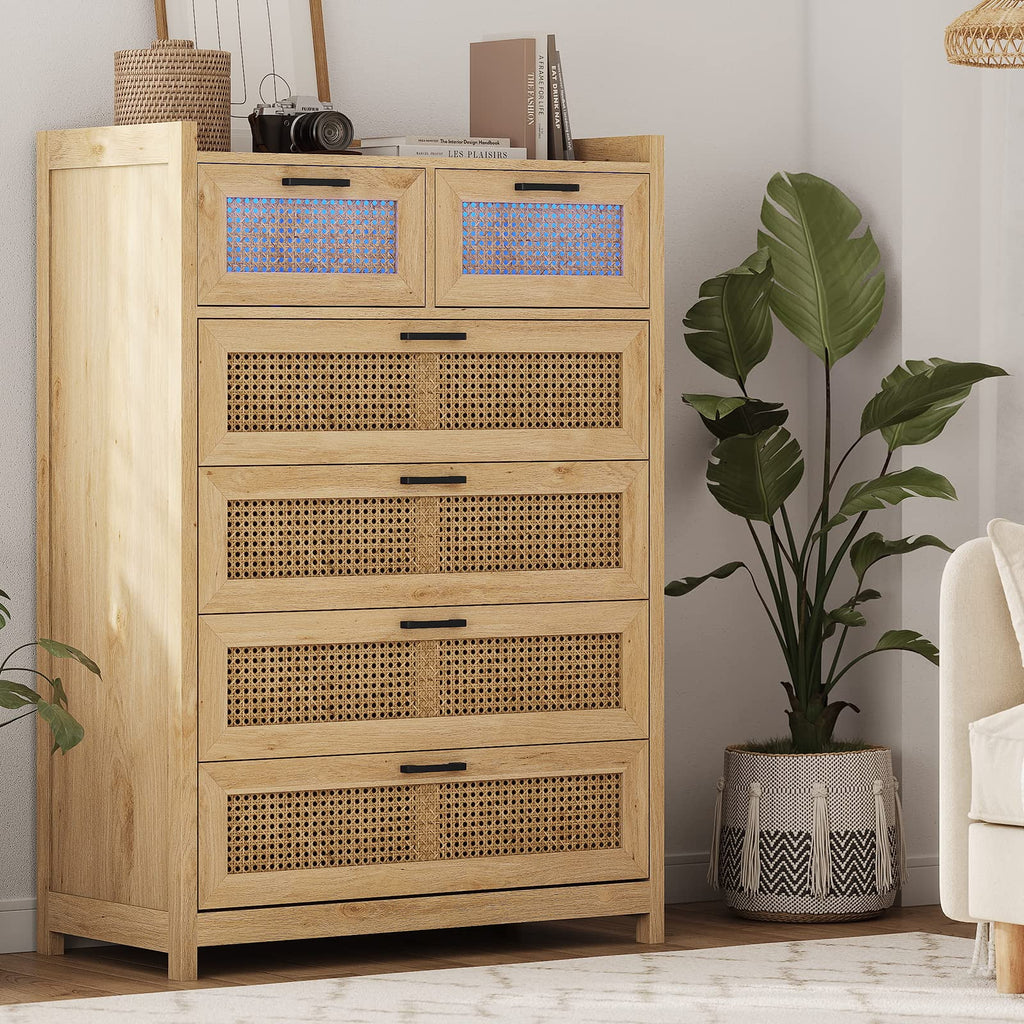 6 Drawer Dresser with Led Light for Bedroom, Natural Rattan Wood Dressers,Tall Dressers & Chests of Drawers,Living Room Entryway Closet Dresser
