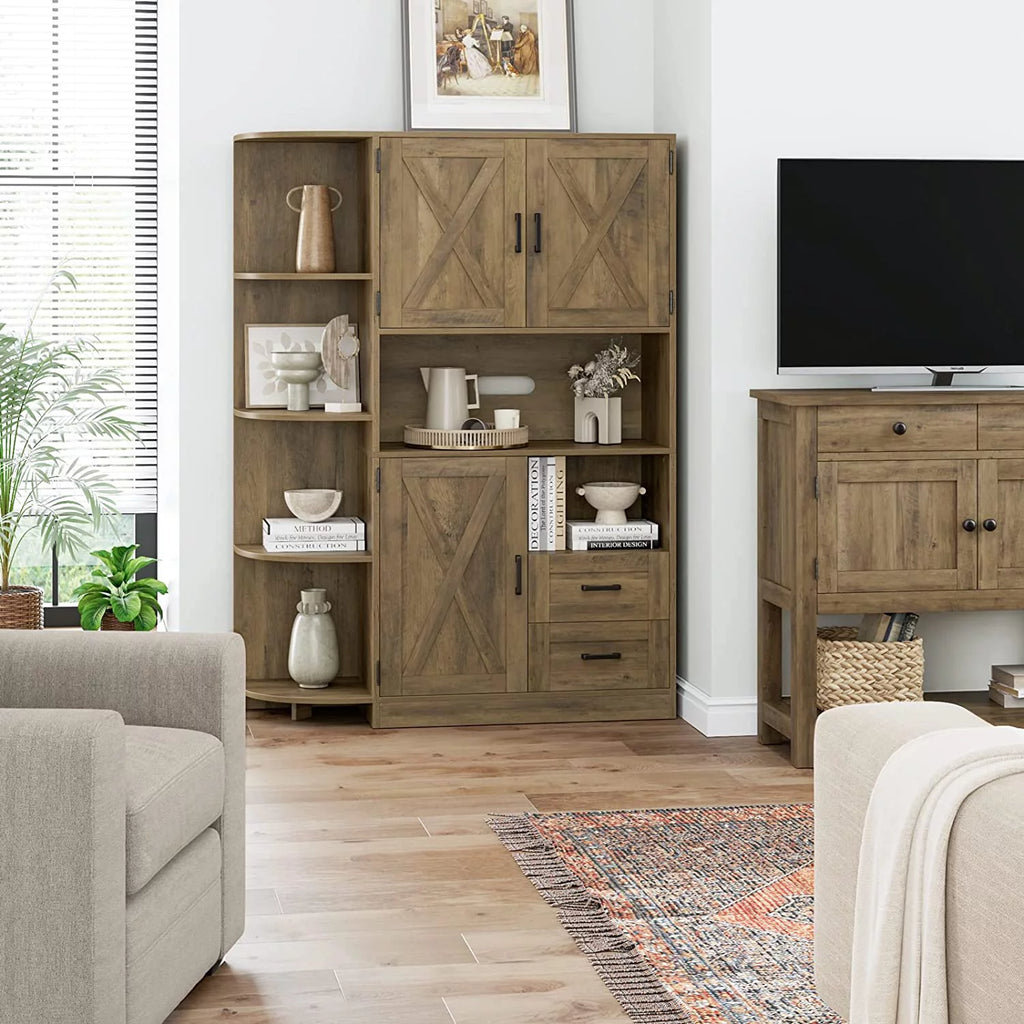 60.4" Farmhouse Kitchen Pantry Storage Cabinet, Freestanding Hutch with Doors & Shelves, Buffet Sideboard with Microwave Stand, Coffee Bar with Drawers, Cupboard for Dining Room, Rustic Brown