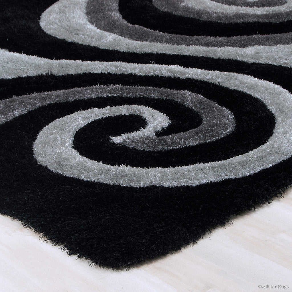 Allstar Grey Shaggy Area Rug with 3D Black Spiral Design. Contemporary Formal Hand Tufted (7' 6" x 10' 5")