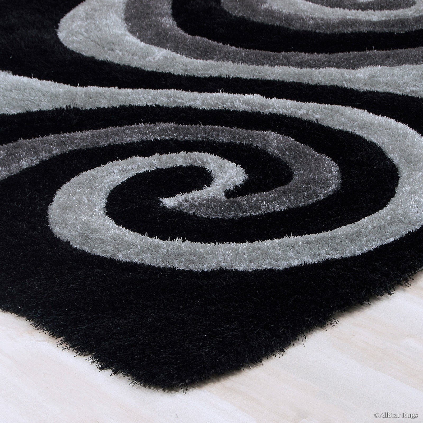 Allstar Grey Shaggy Area Rug with 3D Black Spiral Design. Contemporary Formal Hand Tufted (7' 6" x 10' 5")