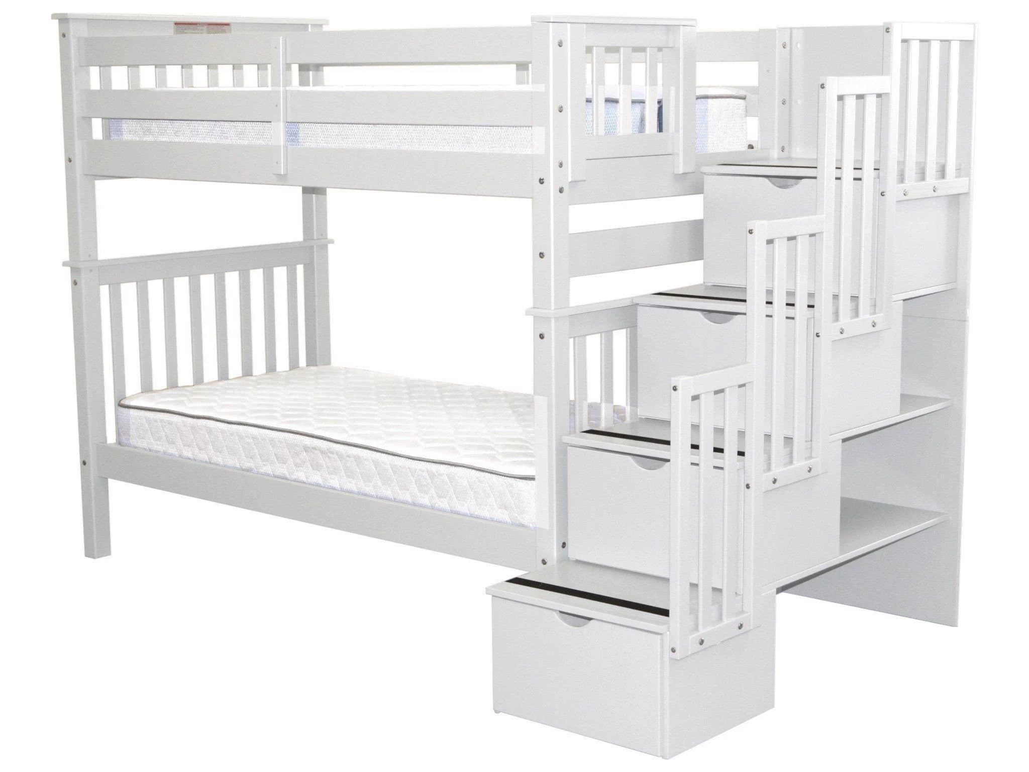 Bedz King Tall Stairway Bunk Beds Twin over Twin with 4 Drawers in the Steps, White