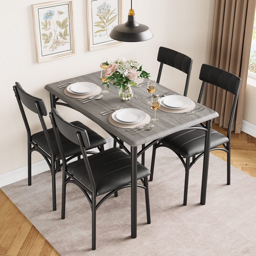 2024 New Dining Table Set for 4, Kitchen Table and Chairs, Metal and Wood Rectangular Dining Room Table Set with 4 Upholstered Chairs, 5 Piece Dining Set for Small Space, Apartment