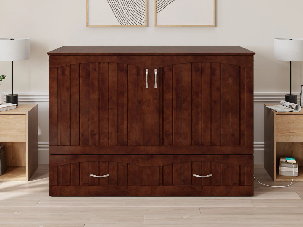 AFI Southampton Full Wood Murphy Bed Chest with Mattress, Drawer & Charger in Walnut