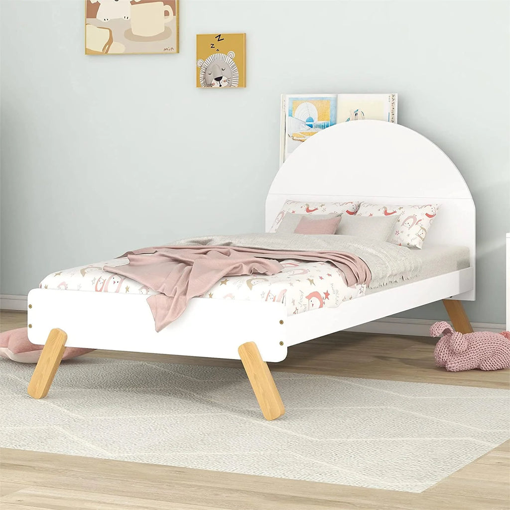 Bed Frames For Kids, Wood Cute Platform Bed With Curved Headboard, Size Bed With Shelf Behind Headboard For Boys Girls, No Box Spring Needed (White)