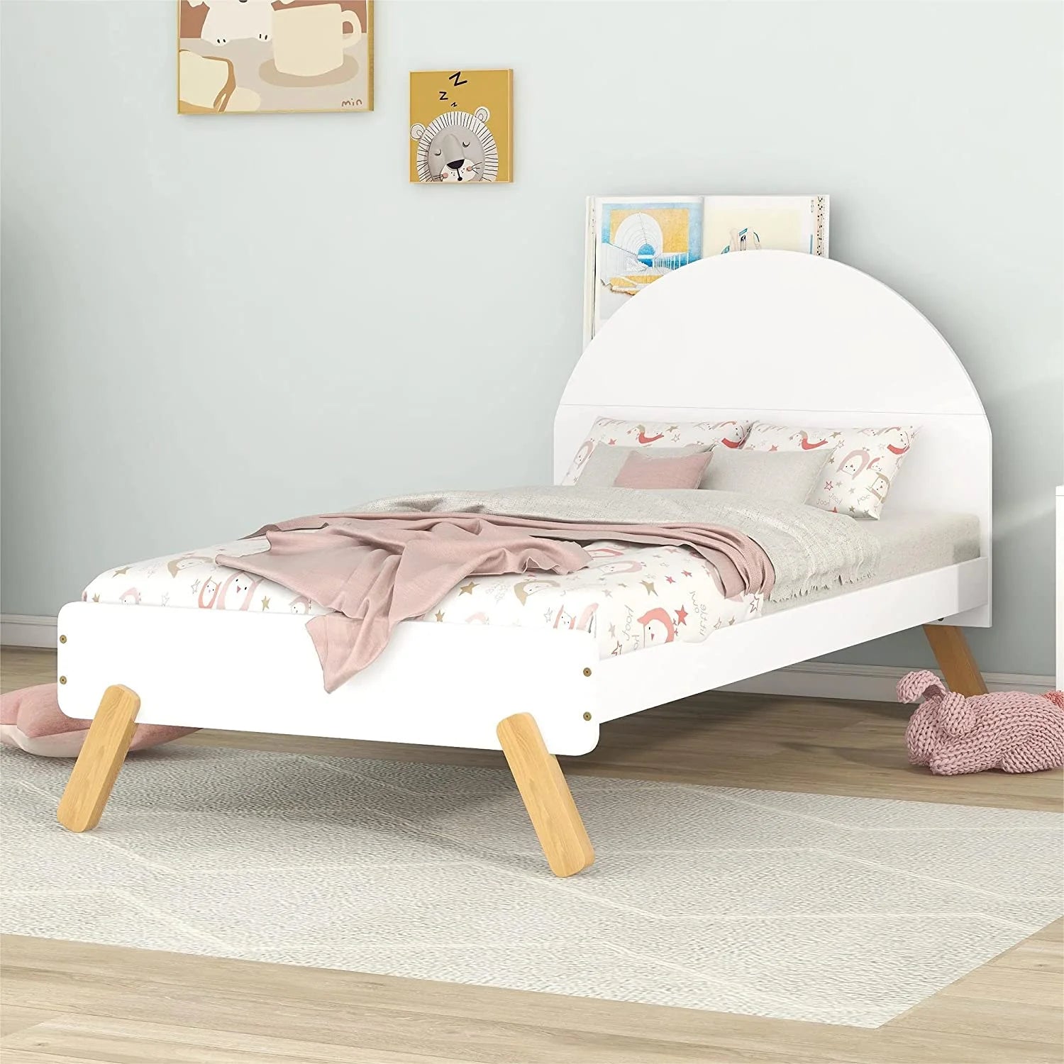 Bed Frames For Kids, Wood Cute Platform Bed With Curved Headboard, Size Bed With Shelf Behind Headboard For Boys Girls, No Box Spring Needed (White)