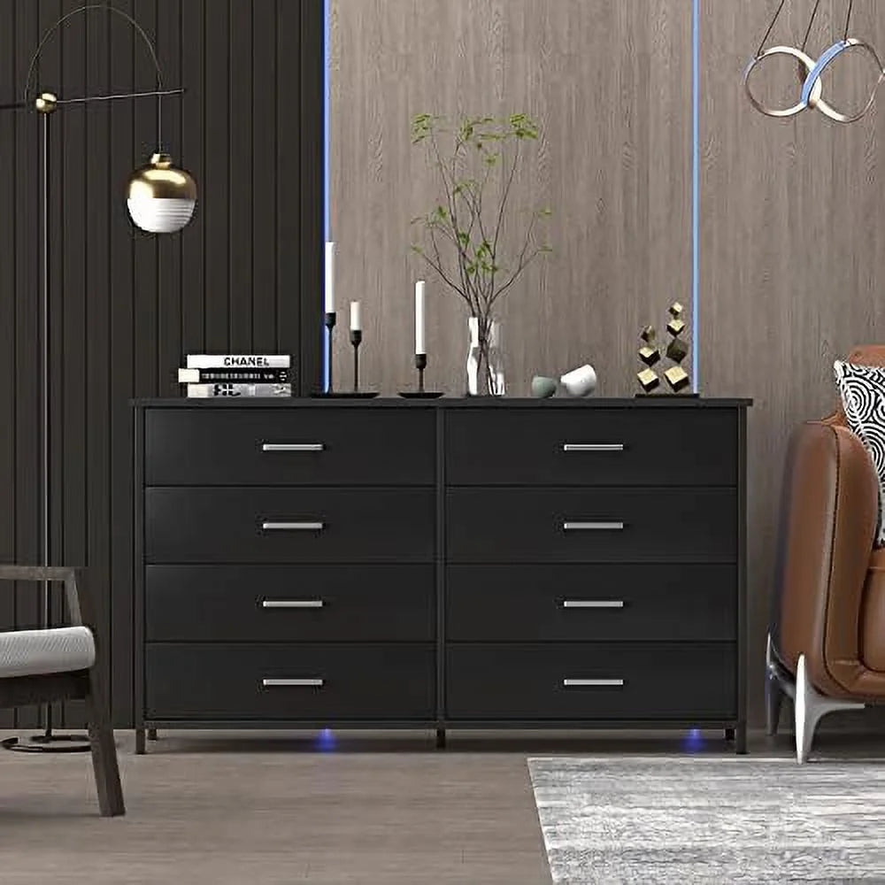 8 Drawer Dresser for Bedroom  Industrial Wood Dresser Wide 8 Chest of Drawers  Wooden  Organizer Dresser with Sturdy Steel Frame (Black)
