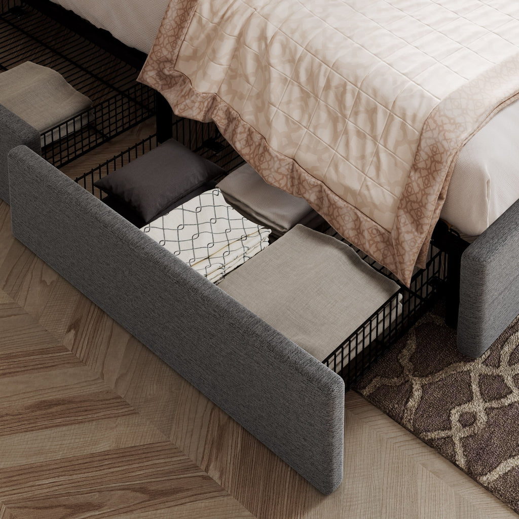 Allewie Upholstered King Platform Bed Frame with 4 Drawers Storage and Headboard, Square Stitched Button Tufted, Light Grey