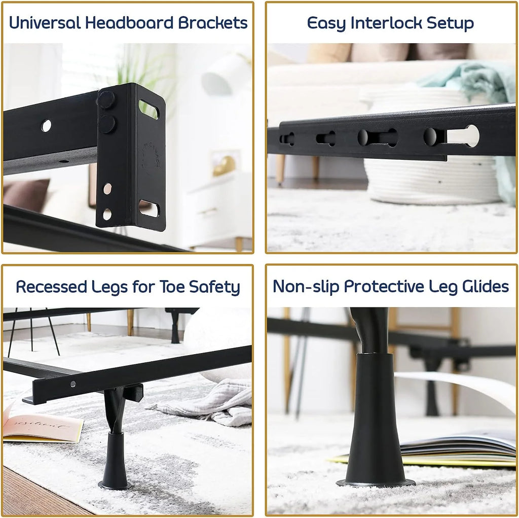 Adjustable Bed Base - Heavy Duty Steel Bed Frame, Metal Bed Frame Expands To Full Bed Rails, Full/Queen Bed Frame - 5.25” H Bed Frame , Universal Headboard Brackets, Black