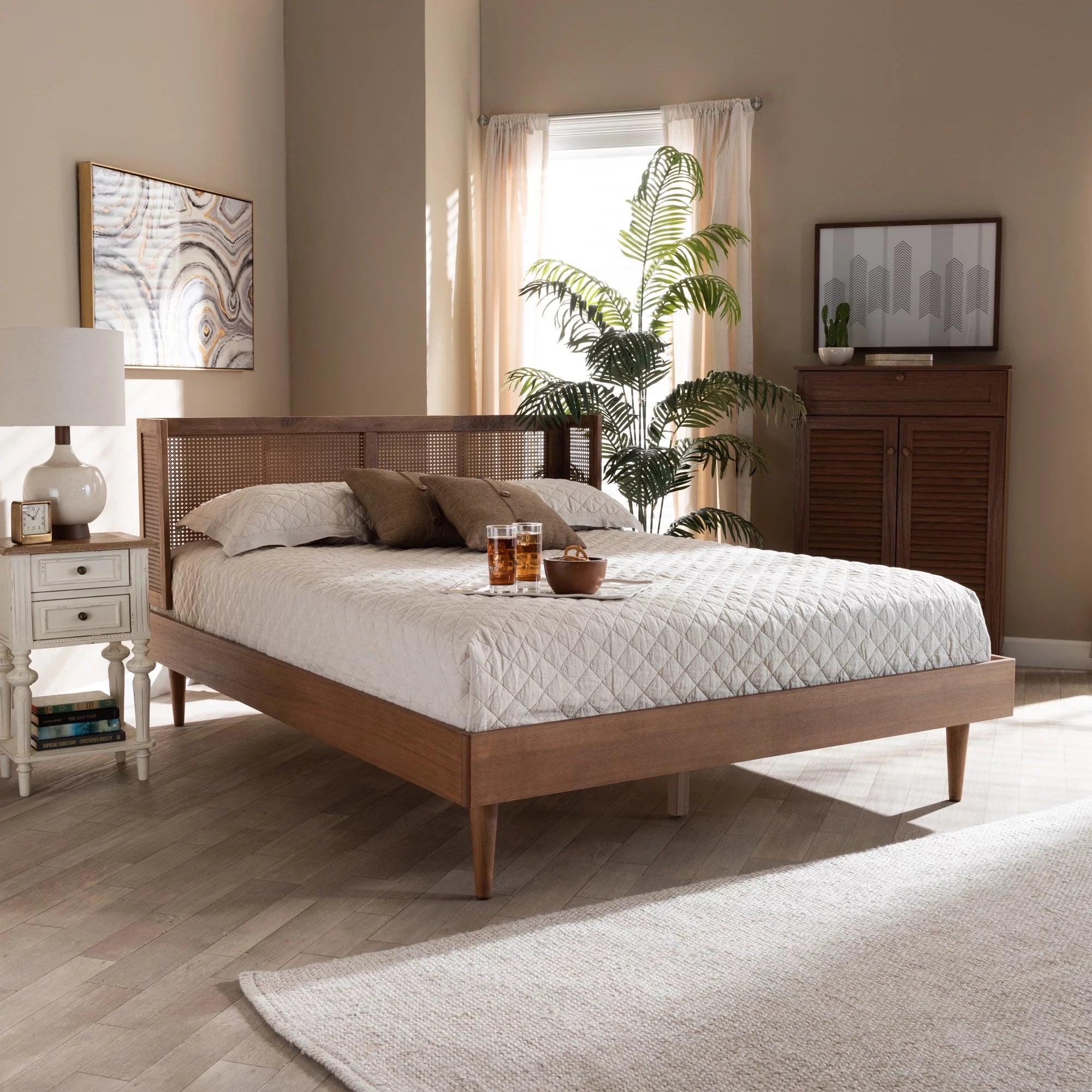 Baxton Studio Rina MidCentury Modern Ash Wanut Finished Wood and Synthetic Rattan Full Size Platform Bed with WrapAround Headboard