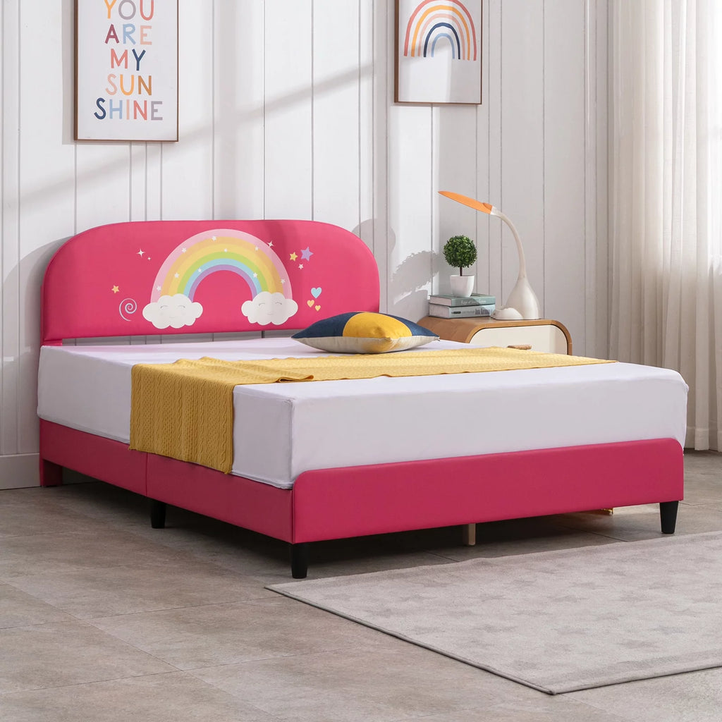 BALUS Kids Upholstered Full Bed Frame, Smooth Curved Headboard, Rainbow Design, Children's Protective, Easy Assembly, Pink