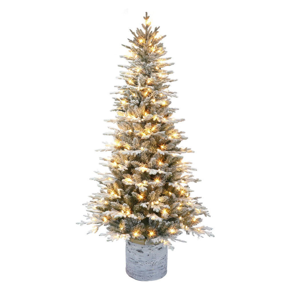 6 ft Pre-lit Potted Flocked Arctic Fir Tree 1277 Tips 200 Warm White LED Lights