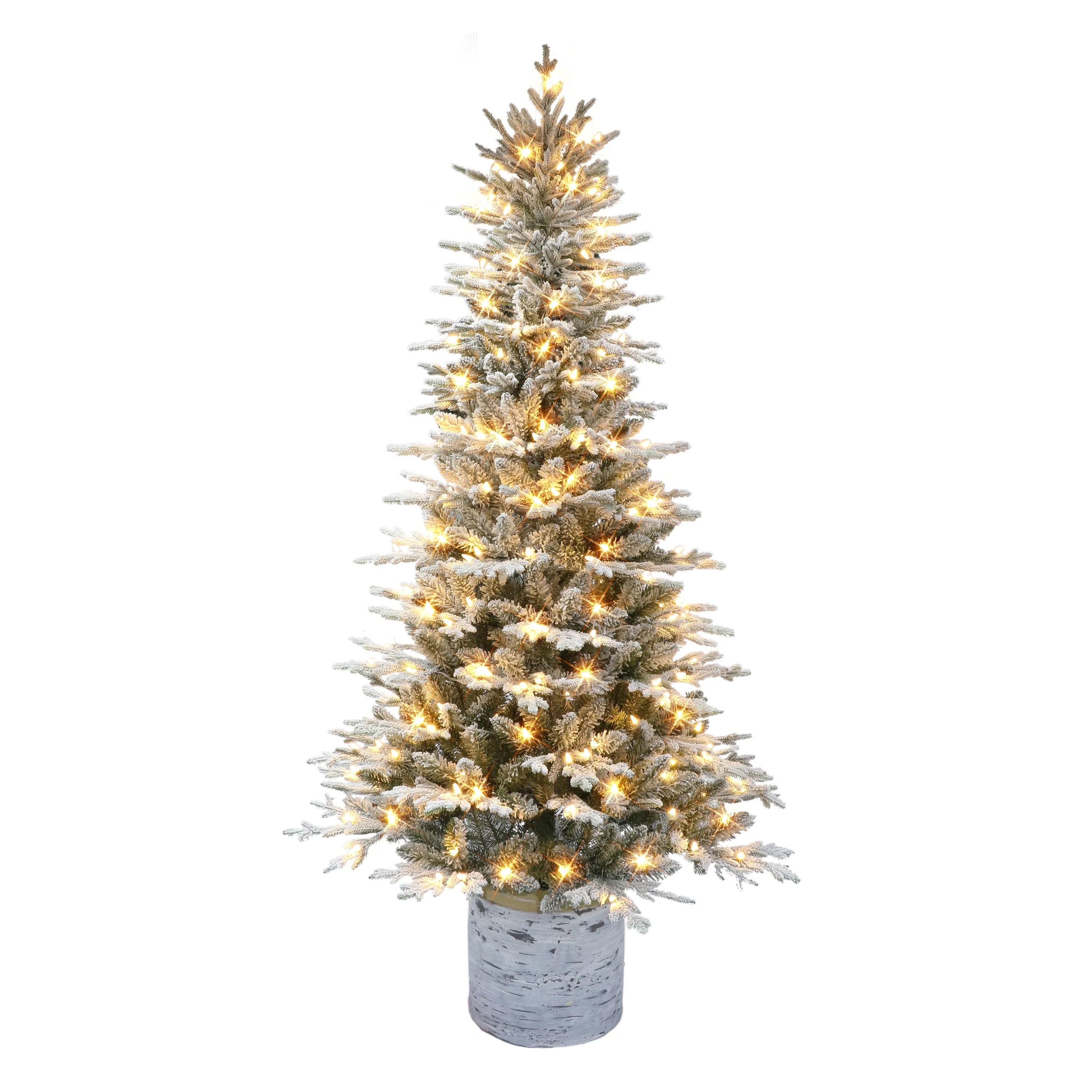 6 ft Pre-lit Potted Flocked Arctic Fir Tree 1277 Tips 200 Warm White LED Lights